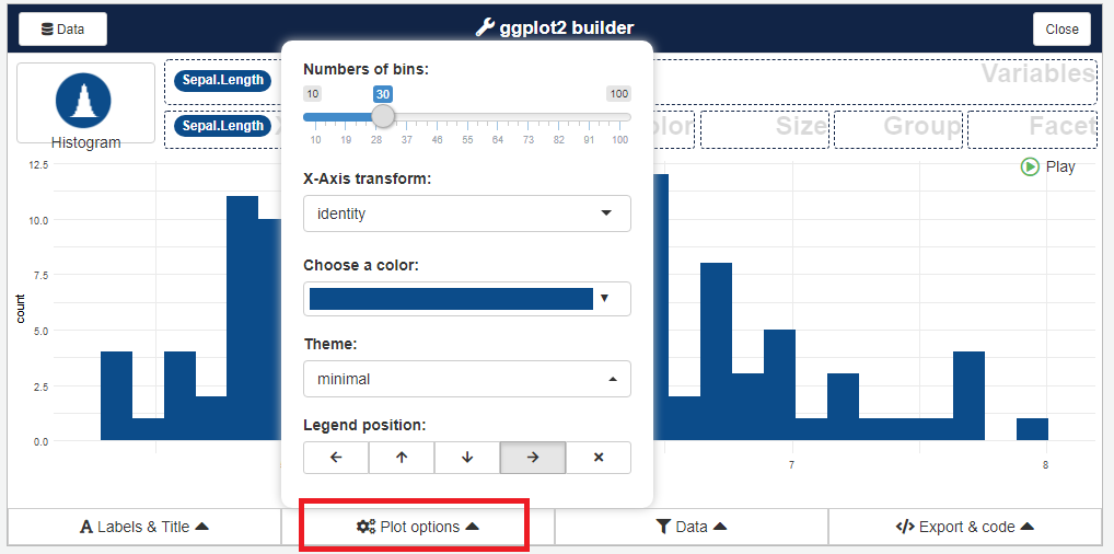 opções de customização da 
plotagem usando pacote esquisse