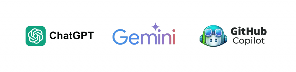 logos do chatGPT, Gemini e Github Copilot